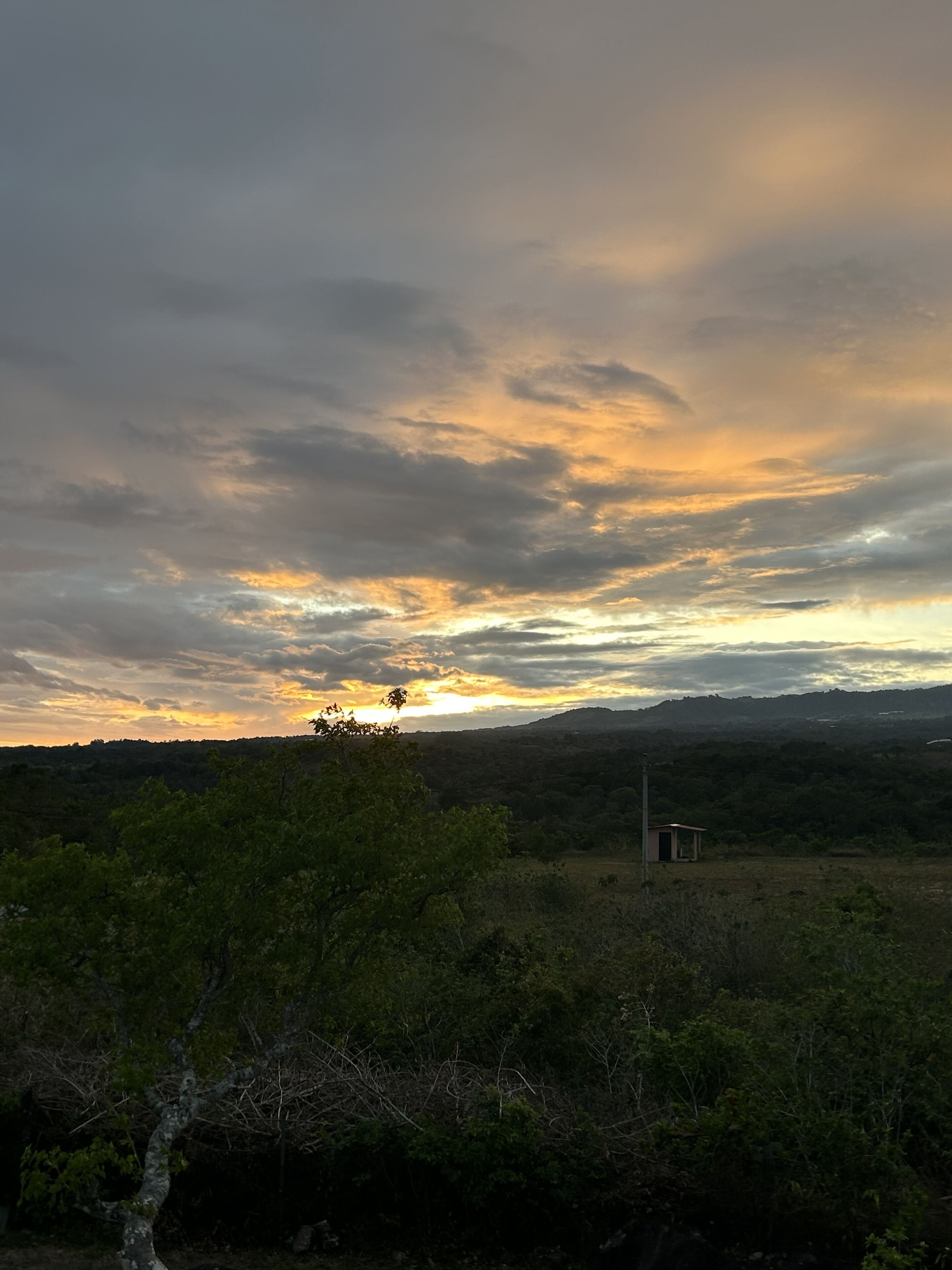 A landscape with a small building in the foreground, surrounded by trees and hills in the background.