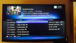 A television screen displaying a sports channel lineup with SportsCenter highlighted. - Deluxe Inn (West Memphis)