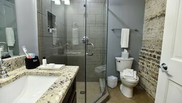 Hair dryer, towels, soap, shampoo