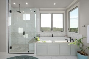 Shower, hair dryer, bidet, towels