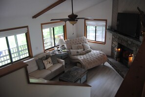 Smart TV, fireplace, DVD player, music library