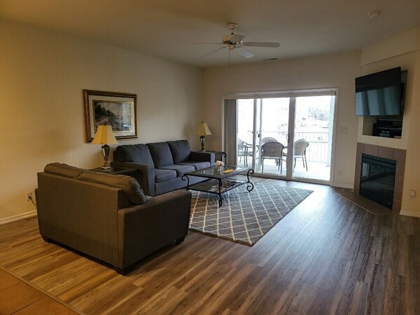 Flat-screen TV, fireplace, DVD player, books