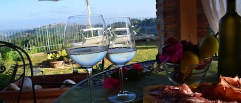 A table with two wine glasses, a bowl of fruit, and a bottle of wine, set outdoors with a view of greenery and a fence.