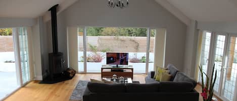 Smart TV, fireplace, video library, stereo