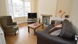 A living room with a sofa, armchair, TV, fireplace, and a lamp. - Boutique style centrally located terrace, award winning Skipton Yorkshire Dales (Skipton)