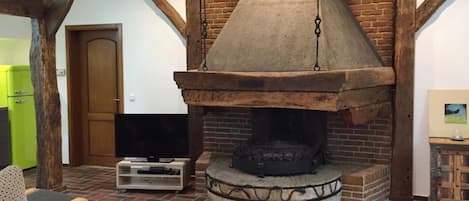Smart TV, chimenea, reproductor de DVD y libros