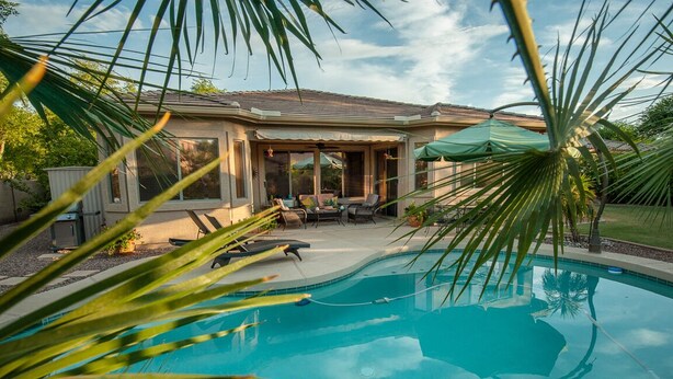 A swimming pool with a covered patio area, surrounded by palm trees and a house with a tiled roof. - Resort Like Home W/Private Heated Swimming Pool / Power Ranch K1 Pickleball (Gilbert)
