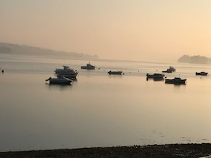 A calm body of water with several boats anchored.