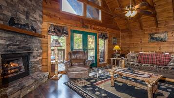 Flat-screen TV, fireplace, video games, DVD player