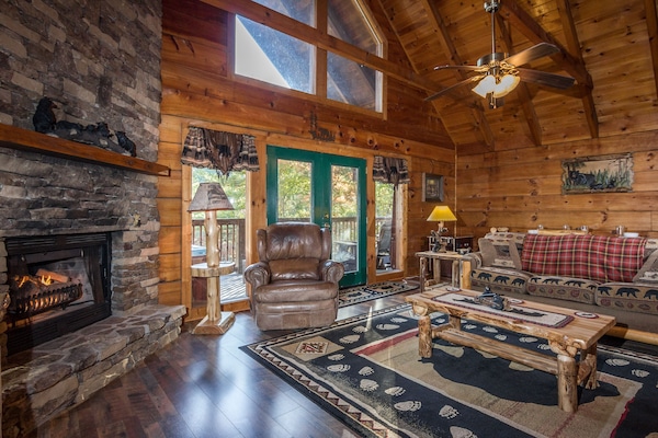 Open Living Room, Gas Burning Fireplace, 52" 'Flatscreen TV, DVD Library