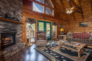 Flat-screen TV, fireplace, video games, DVD player