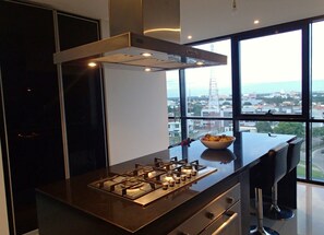 A modern kitchen with a gas stove, a large window, and a view of the city. - Great apartament for families and businessman / Dpto para familias y empresarios (Norte)