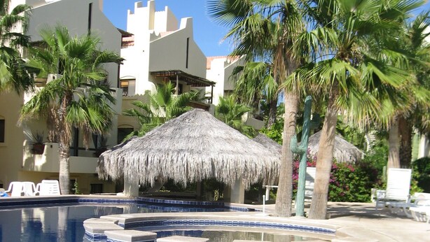 A swimming pool with a thatched roof structure, surrounded by palm trees and a building with a white facade.