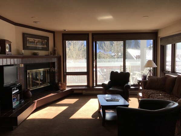 Smart-tv, eldstad och böcker