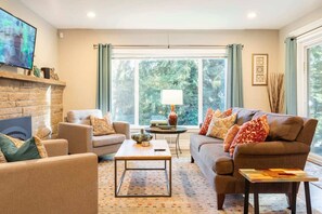 Smart TV, fireplace, video games, DVD player