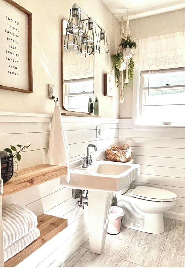 Combined shower/tub, hair dryer, towels, soap