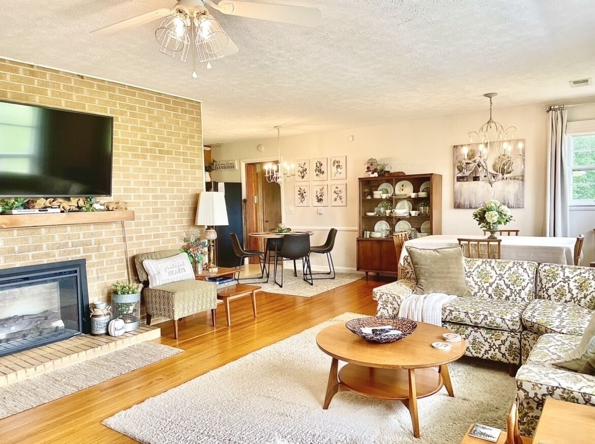 TV connectée, cheminée, lecteur de DVD, livres