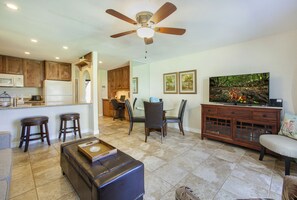 TV, DVD player, books, stereo