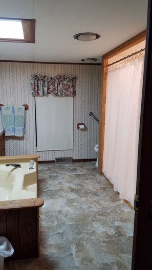 Shower, jetted tub, hair dryer, towels