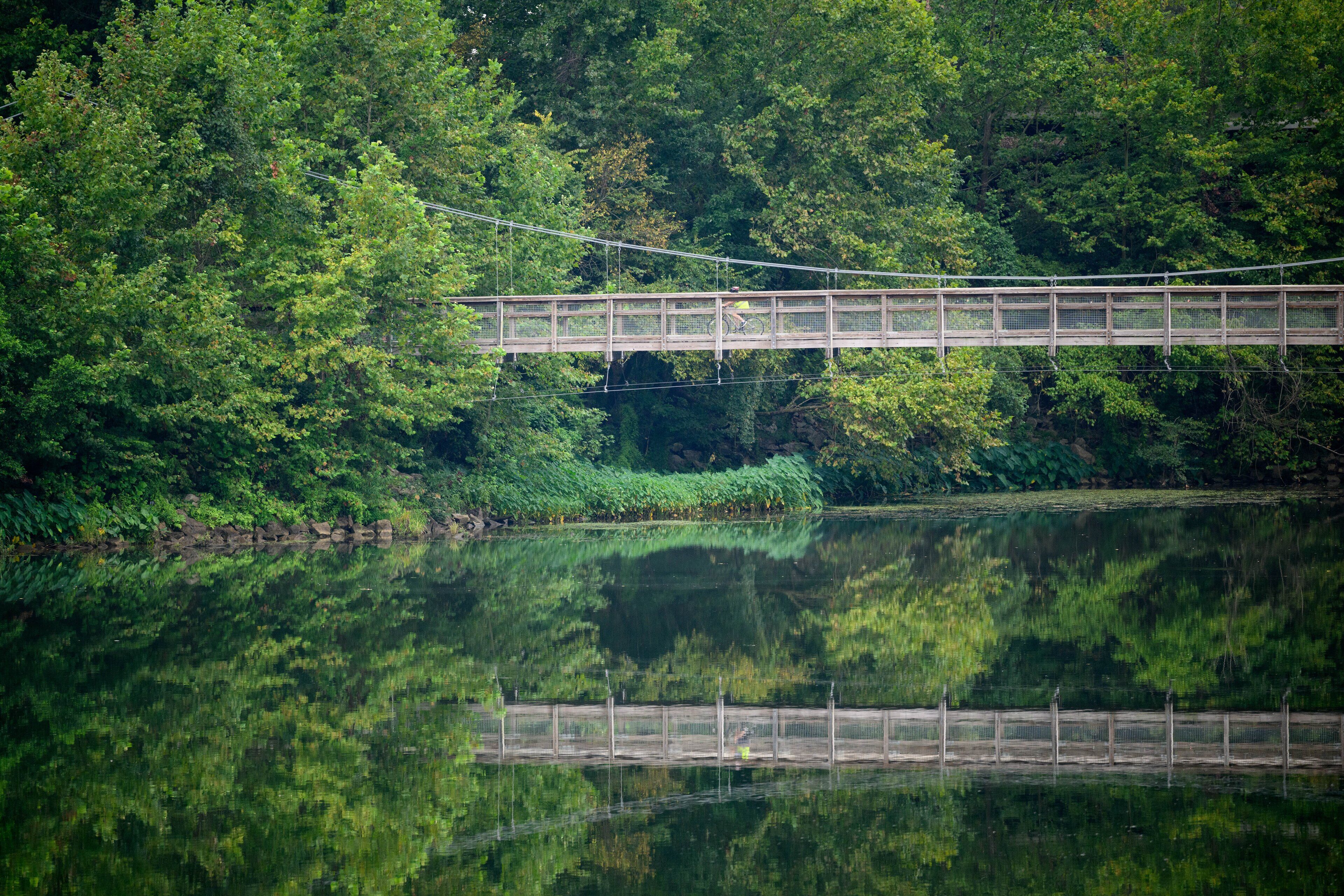 Un pont suspendu en bois enjambant un lac paisible, entouré d’une végétation luxuriante.