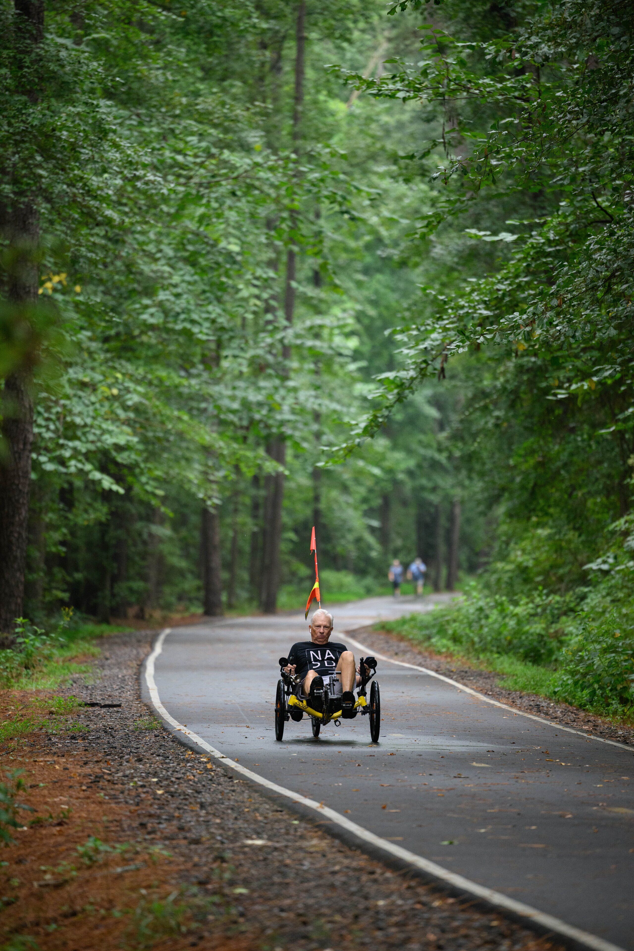 A person riding a motorcycle on a forested road.