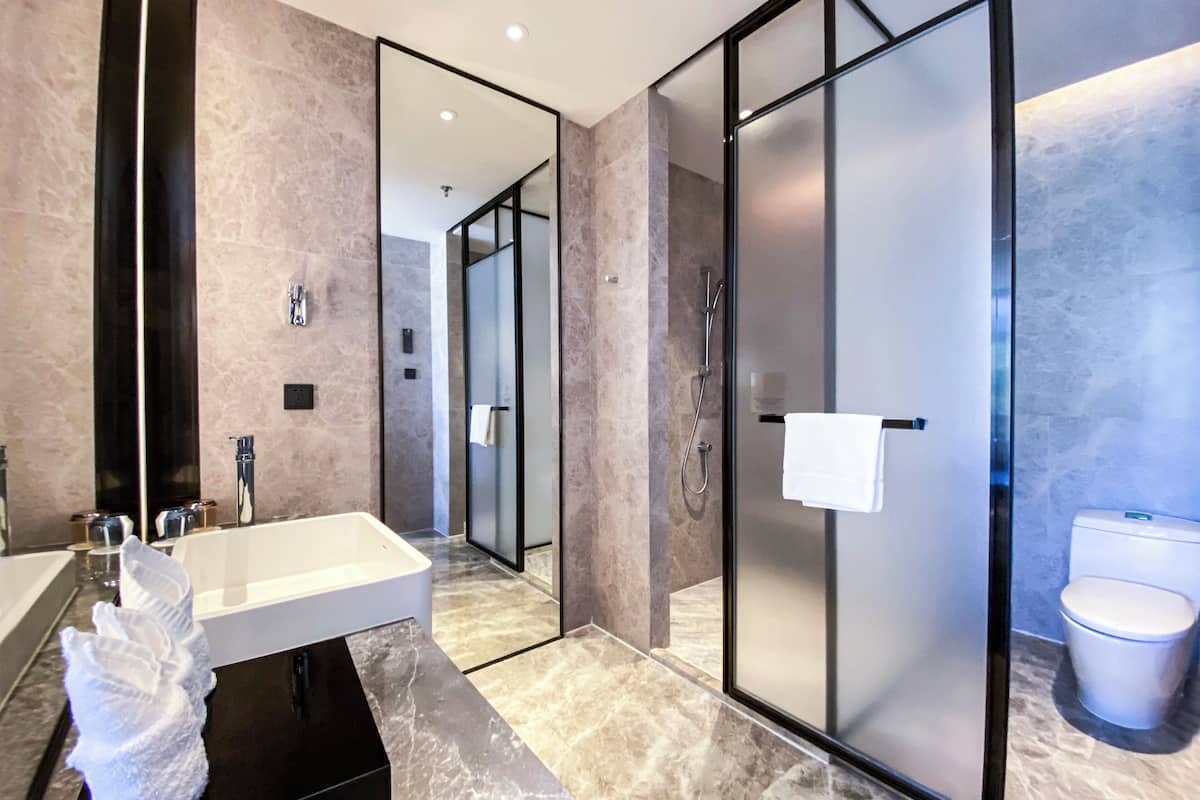 shower, rainfall showerhead, free toiletries, hair dryer