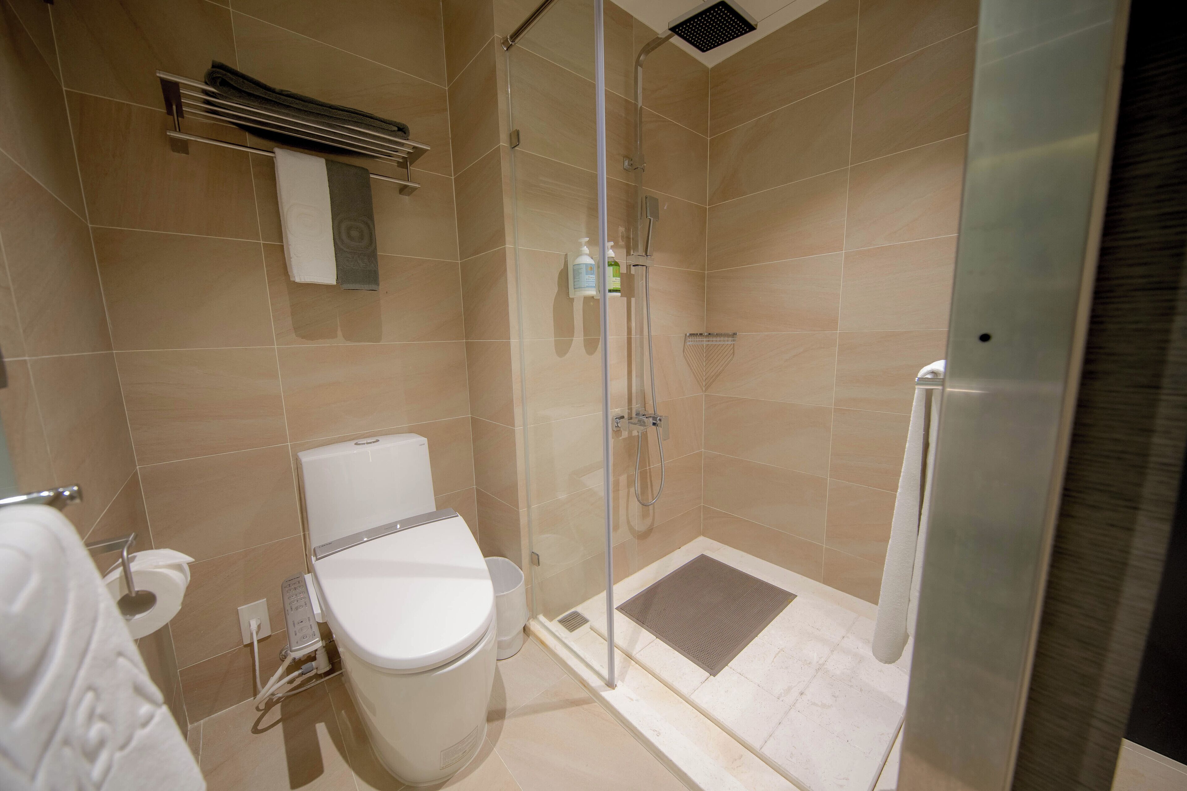 A modern bathroom with a glass-enclosed shower, a toilet, and a towel rack.