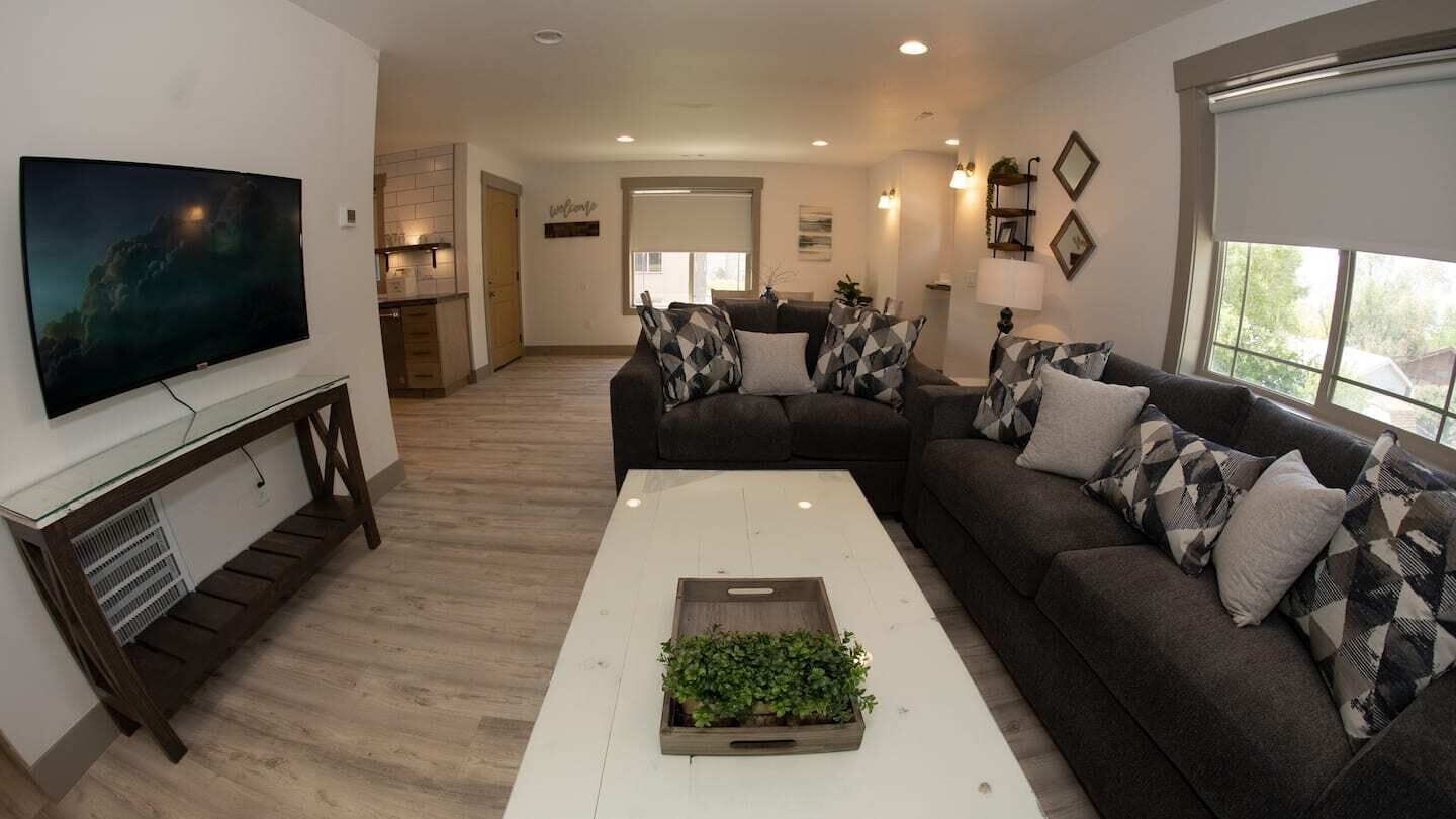 A living room with a large flat-screen TV, a sofa set, a coffee table with a plant, and a kitchen in the background.