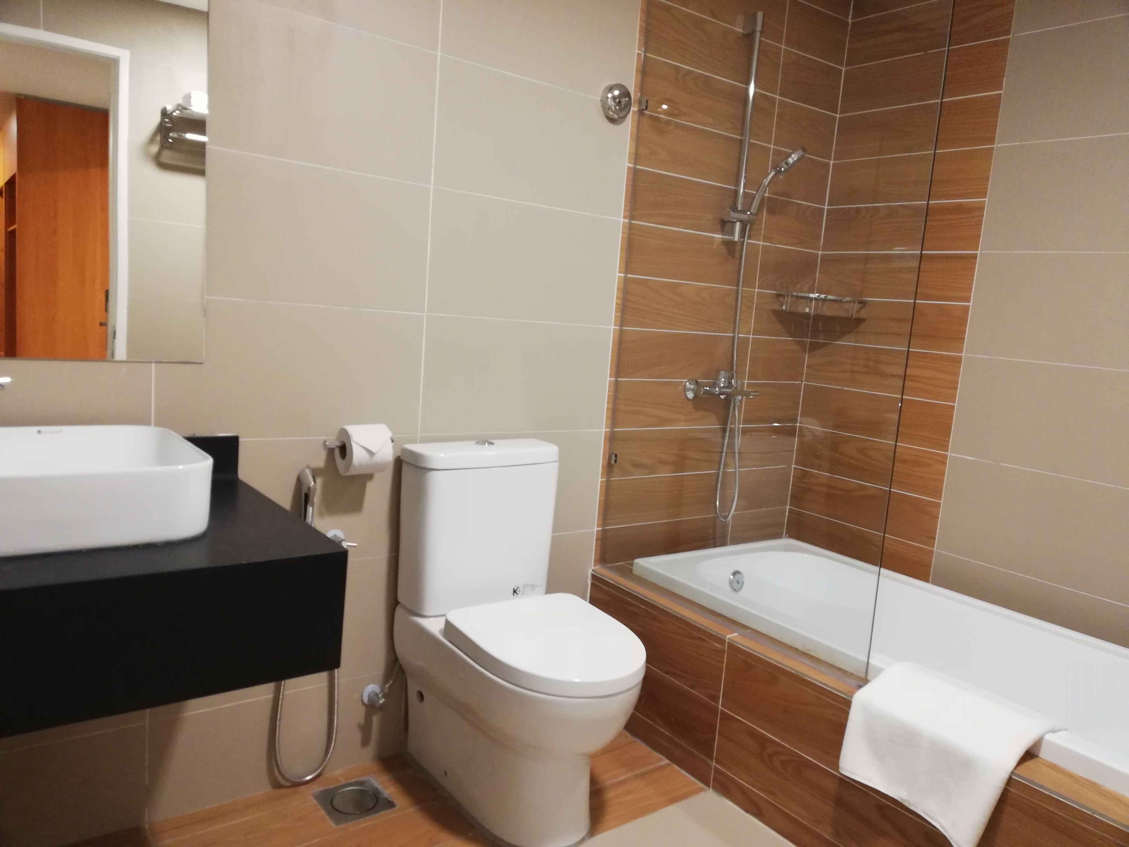 Un baño con inodoro, lavabo y ducha.