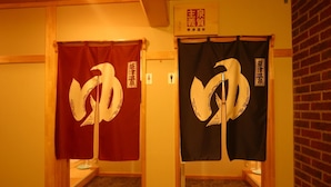 Two private changing rooms with large, stylized number 20 symbols on the curtains, wooden flooring, and a brick wall in the background.