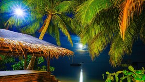 A wooden deck with a thatched roof, palm trees, and a calm water body at night. - Retreat Siargao Resort (General Luna)
