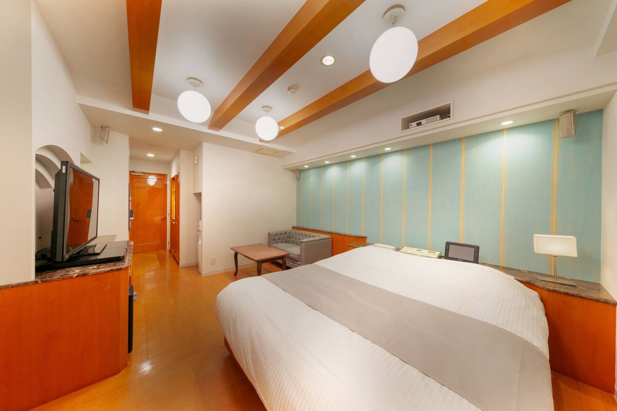 A hotel room with a large bed, a desk, a chair, a television, and a wall-mounted heater.
