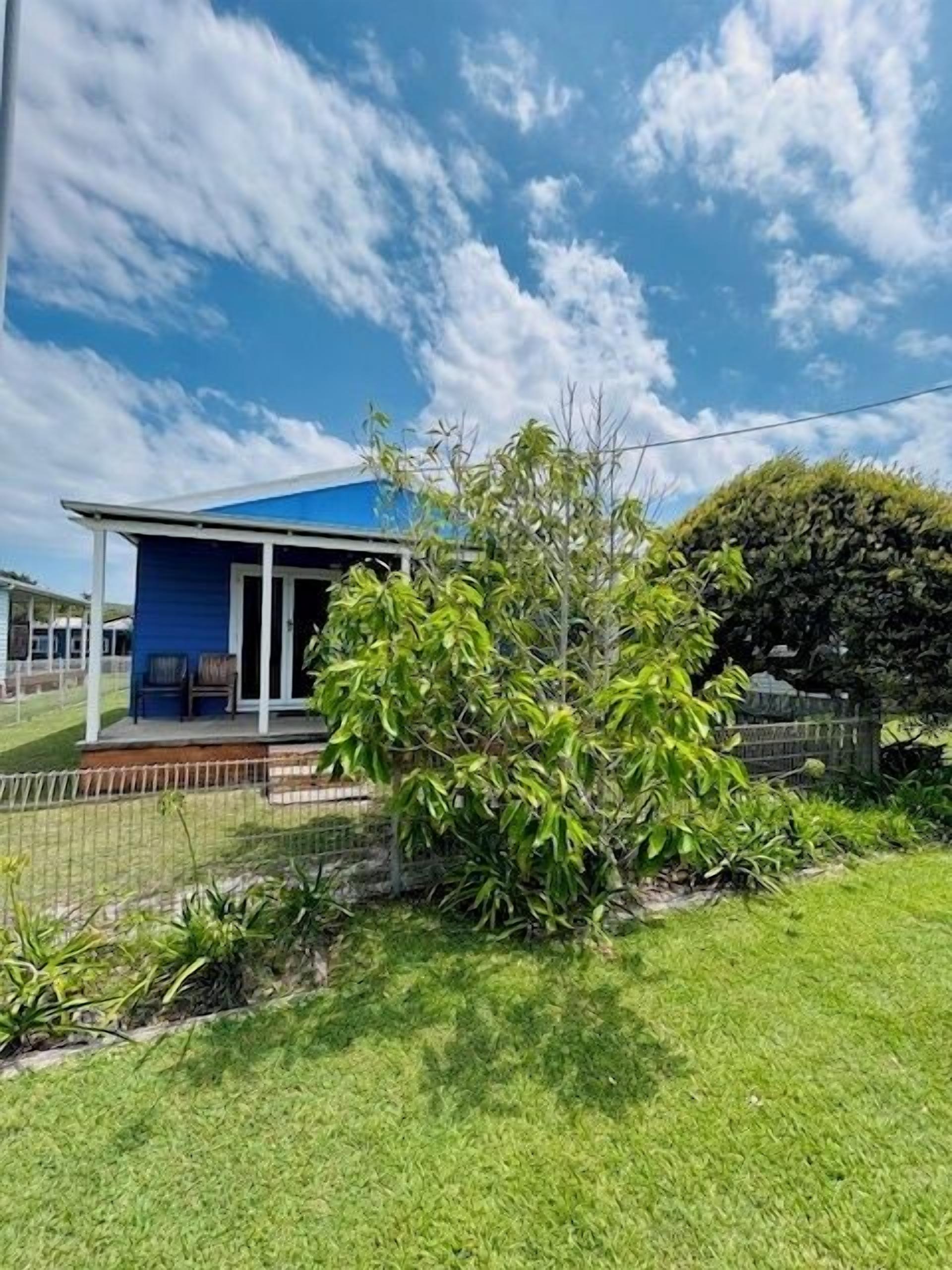 A house with a blue roof and white walls, surrounded by a well-maintained lawn and a small tree.