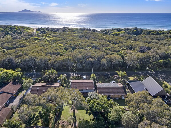 A residential area with houses, a road, and a view of the ocean.
