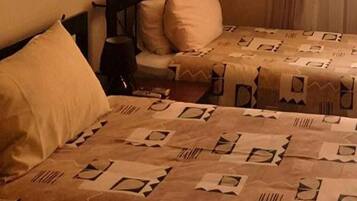 Una habitación con dos camas, cada una con colcha y almohadas estampadas.