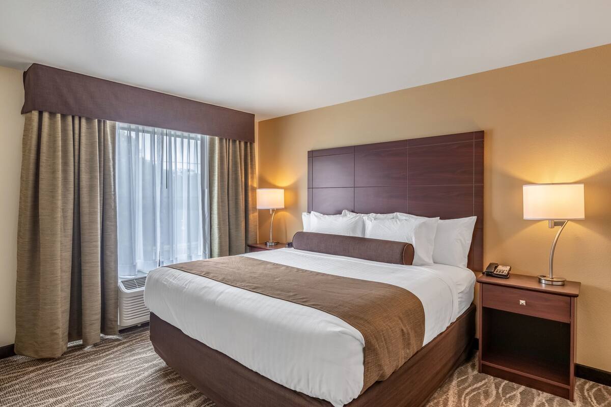 A hotel room with a large bed, two bedside tables, a nightstand, a lamp, and a window with curtains.