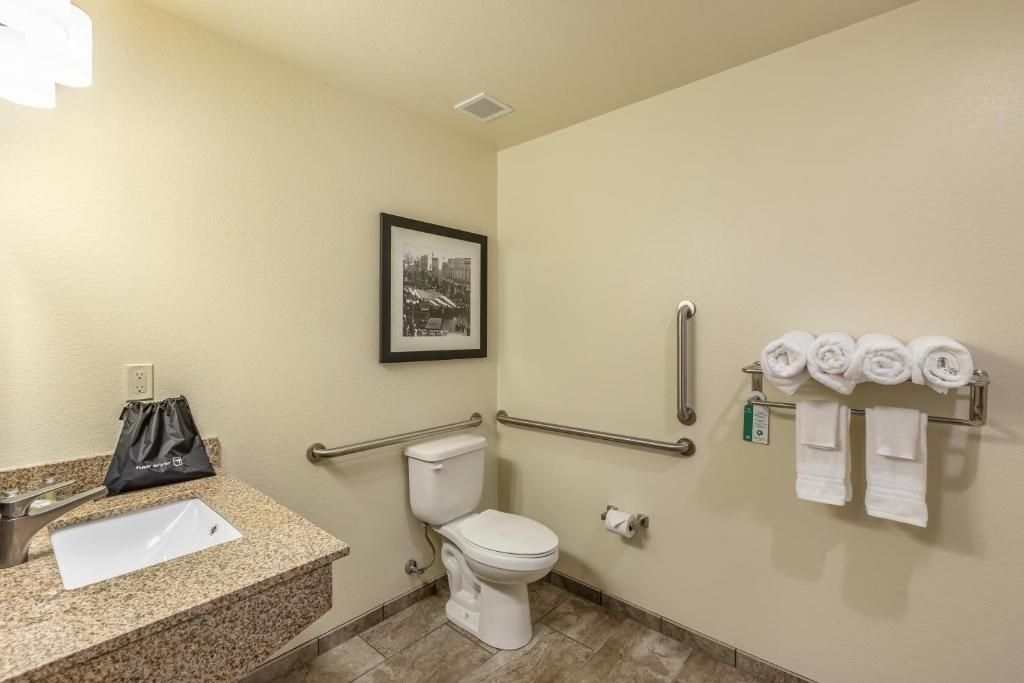 A bathroom with a toilet, sink, handrails, and a towel rack.
