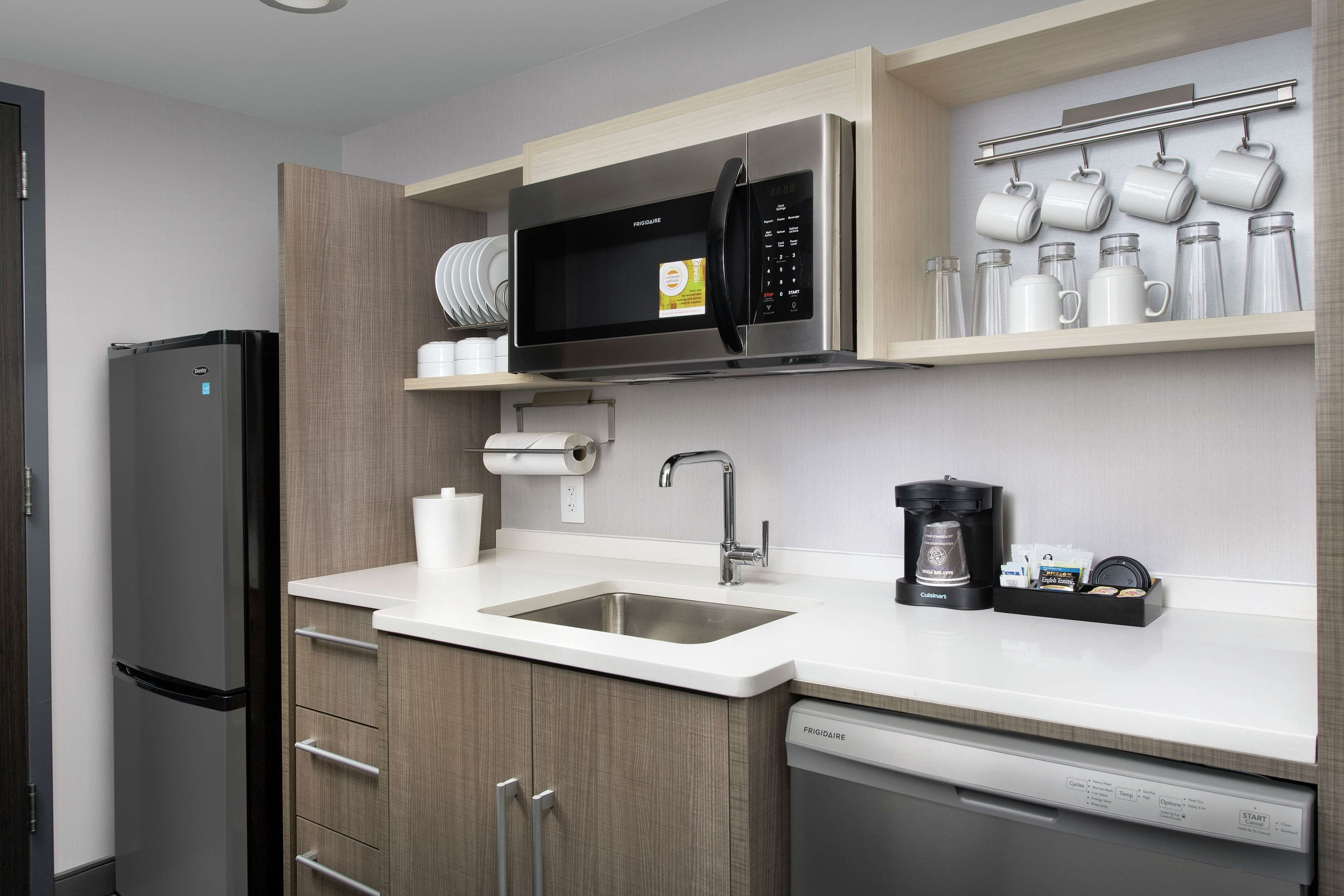 fridge, microwave, dishwasher, coffee/tea maker