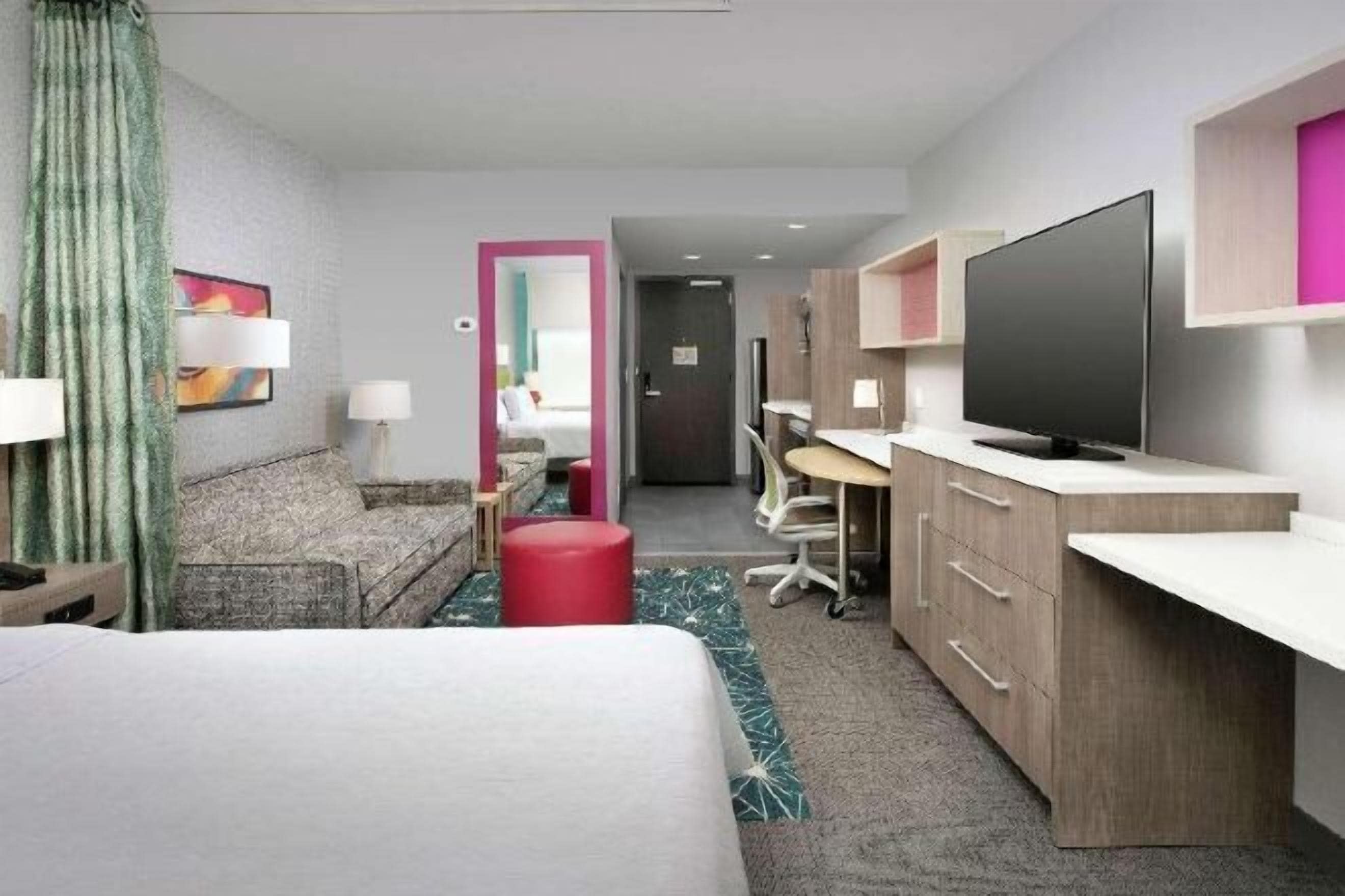 Desk, laptop workspace, blackout curtains, iron/ironing board