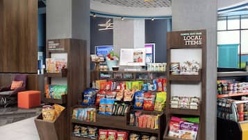 A snack display with various chips and snacks.