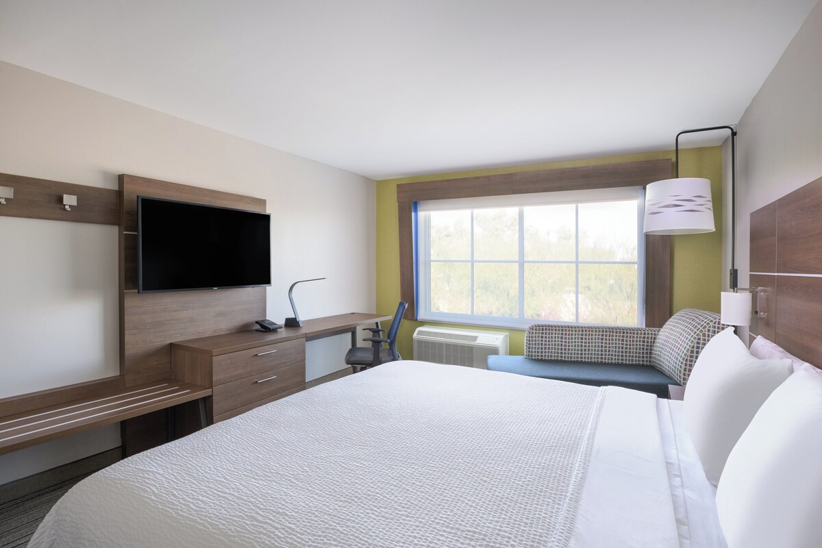 A hotel room with a large bed, a desk with a flat-screen TV, a chair, and a window with a view of trees.