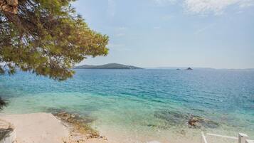 On the beach, sun loungers, beach umbrellas