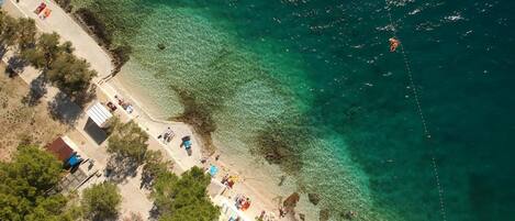 On the beach, sun-loungers, beach umbrellas