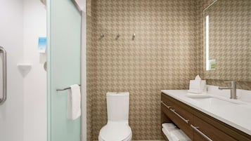 A modern bathroom with a glass shower enclosure, a white toilet, and a wooden vanity with a mirror.