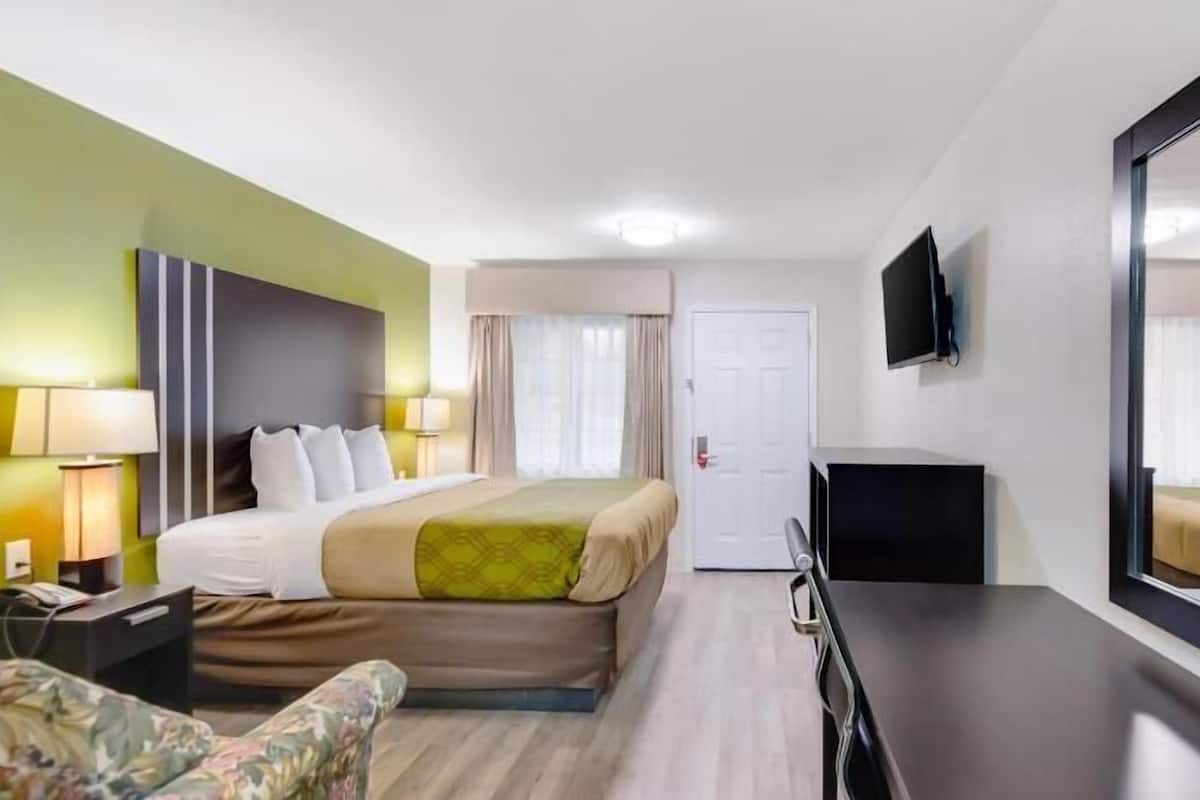 Ett hotellrum med en säng, ett skrivbord, en stol, en tv och en dörr.