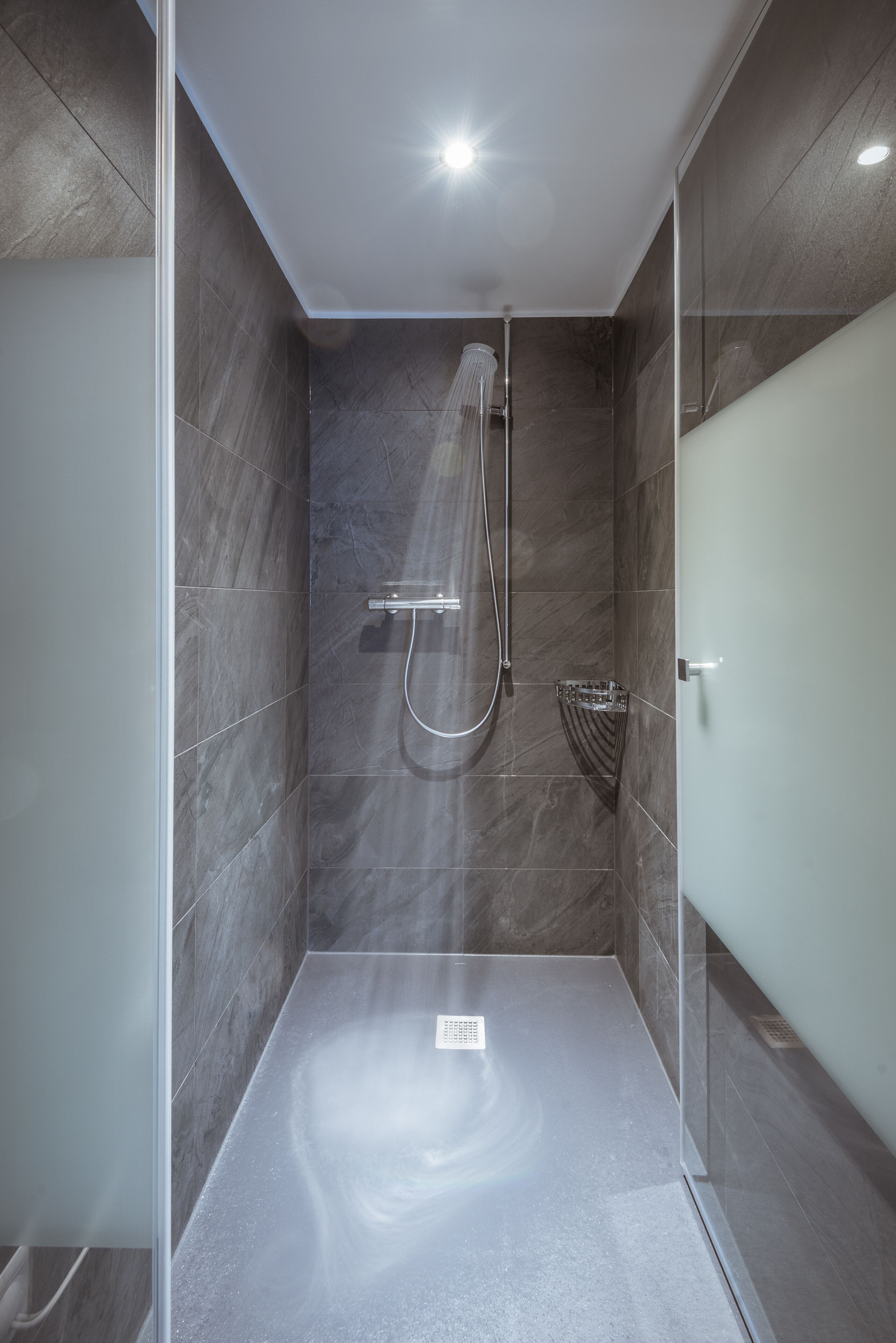 A modern shower with a glass door, a handheld showerhead, and a wall-mounted control panel.