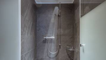 A modern shower with a glass door, a handheld showerhead, and a wall-mounted control panel.