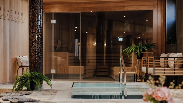 A modern spa area with a glass-enclosed hot tub, wooden seating, and a potted fern. - Haga Slott (Enkoping)