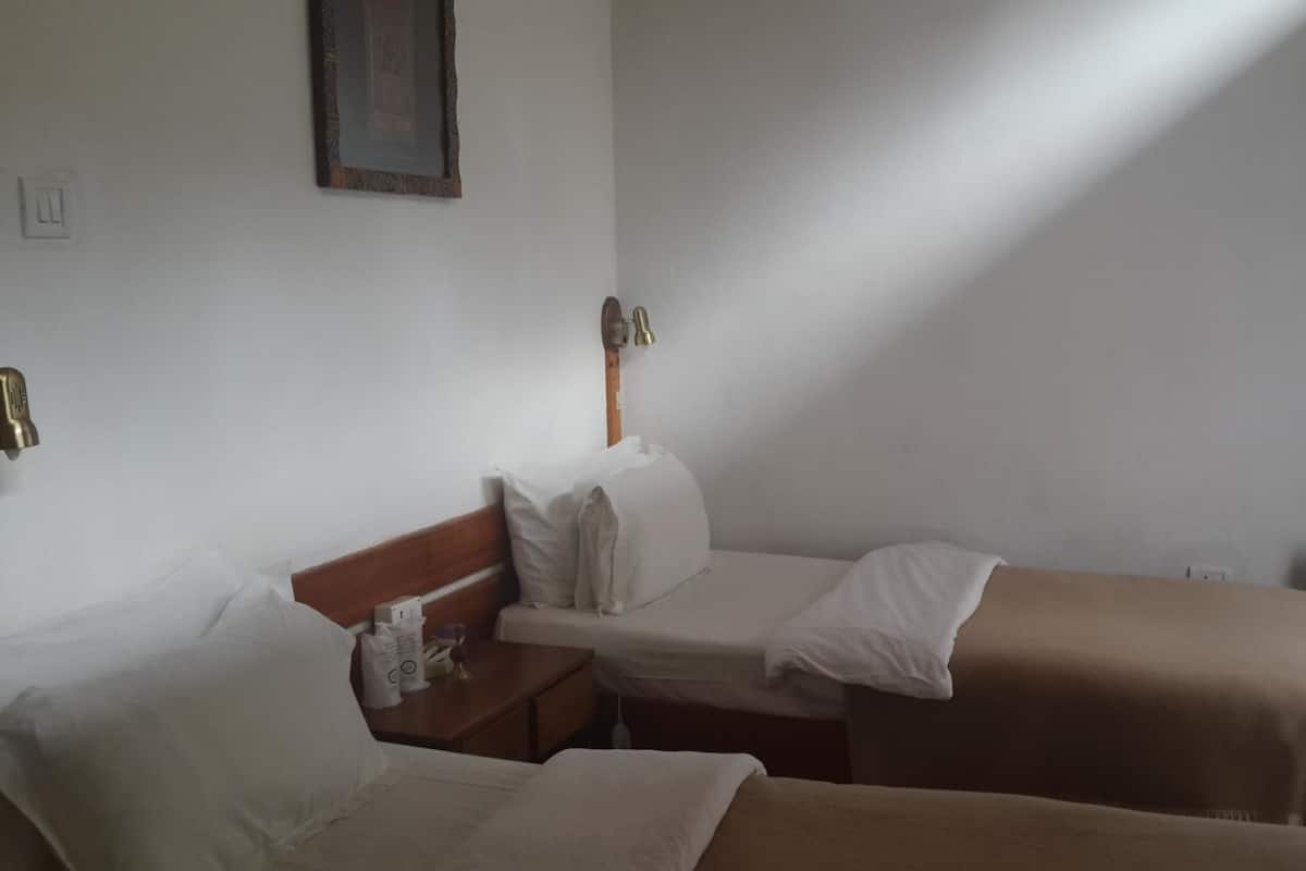 A hotel room with two single beds, a wooden nightstand, a small table, a wall-mounted lamp, and a radiator.