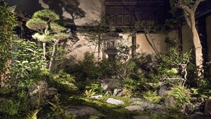 A traditional Japanese garden with rock formations, ferns, and a stone lantern. - HANARé Genmachi (Kyoto)